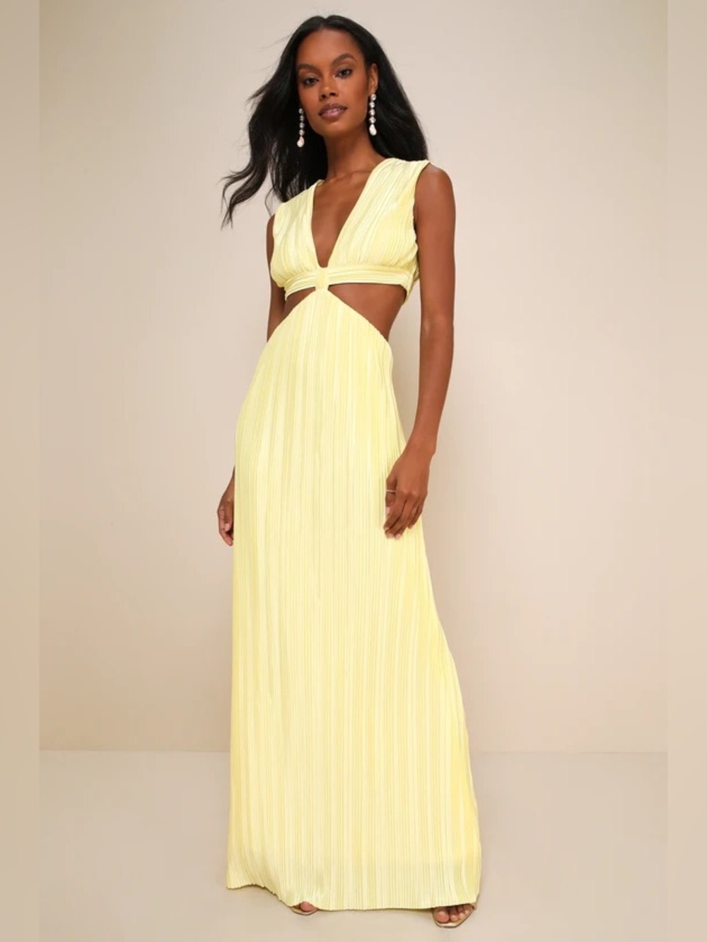 NWT Lulus Glamorous Mentality Yellow Plisse Cutout Maxi Dress Size Medium